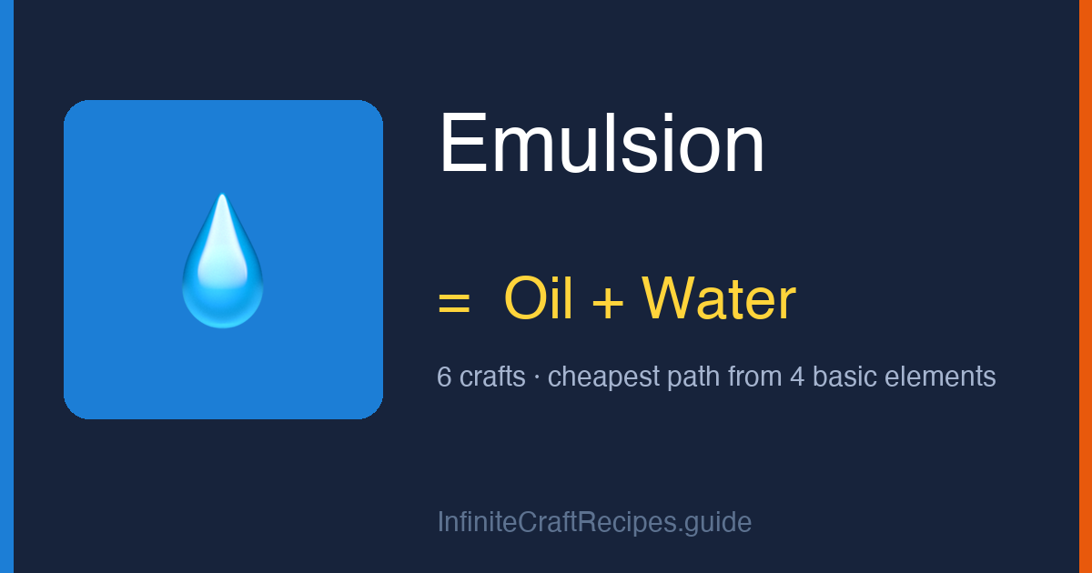 How to make Emulsion in Infinite Craft: combine Oil and Water, 6 crafts total from the four basic elements.